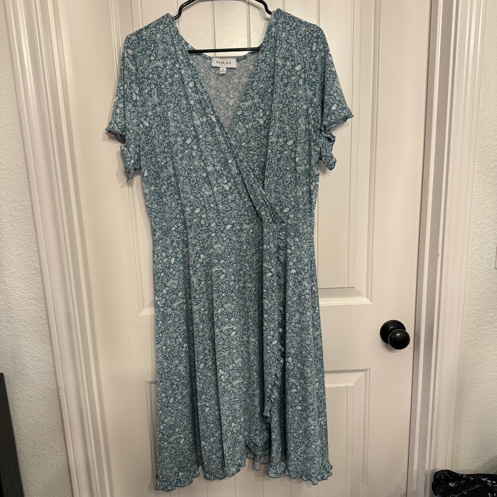 Pink Blush Gilli Dusty Blue Floral Midi Dress w Ruffle Detail